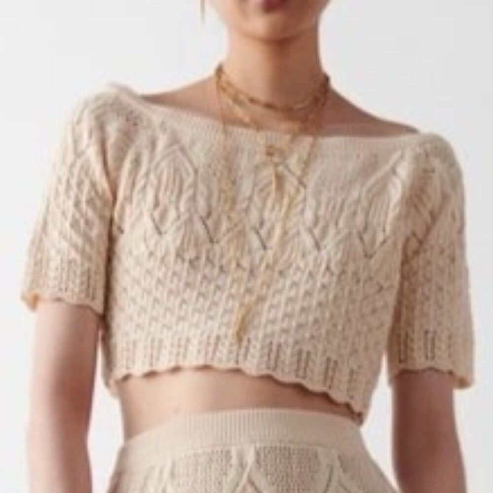 Ba&sh Size Large Jensen Crop Sweater Off White Cotton Blend Open Knit Crochet